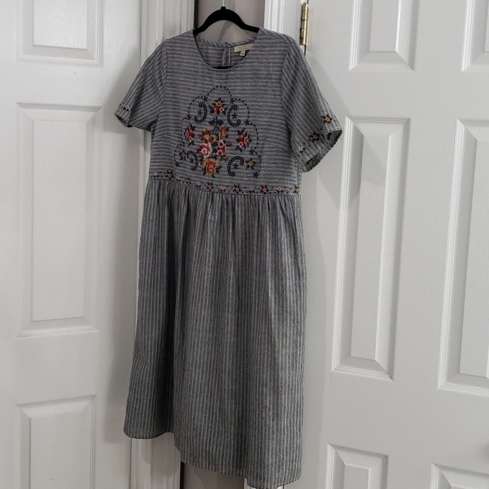 Blue Striped Embroidered Dress